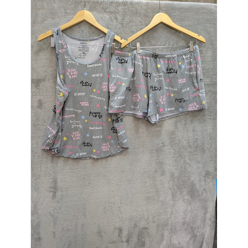 Sleep Script Pajama Set Womens Large Gray Racer back Tank Shorts Stars Lounge